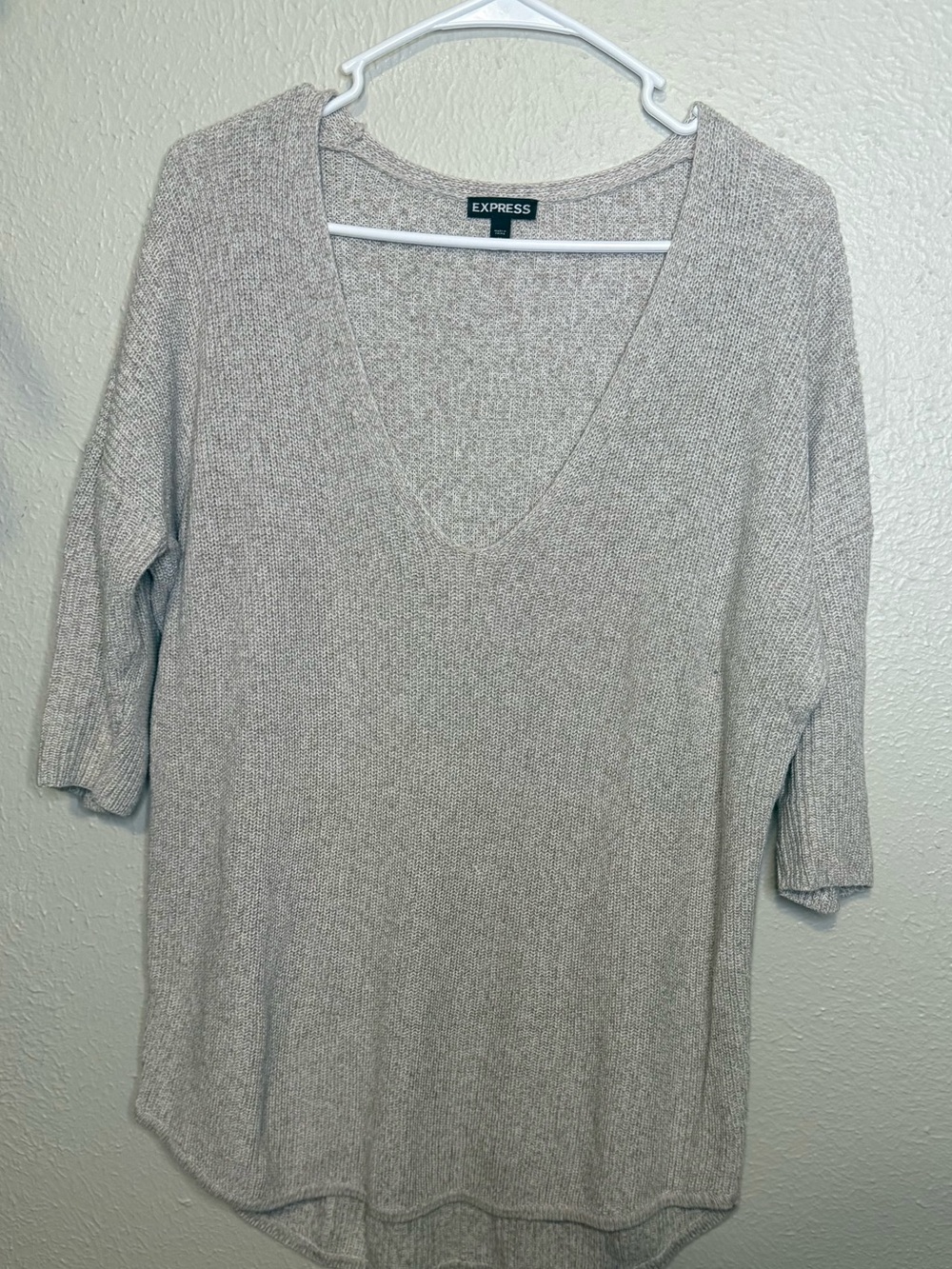 Express Neutral Knit V-Neck Sweater in Taupe